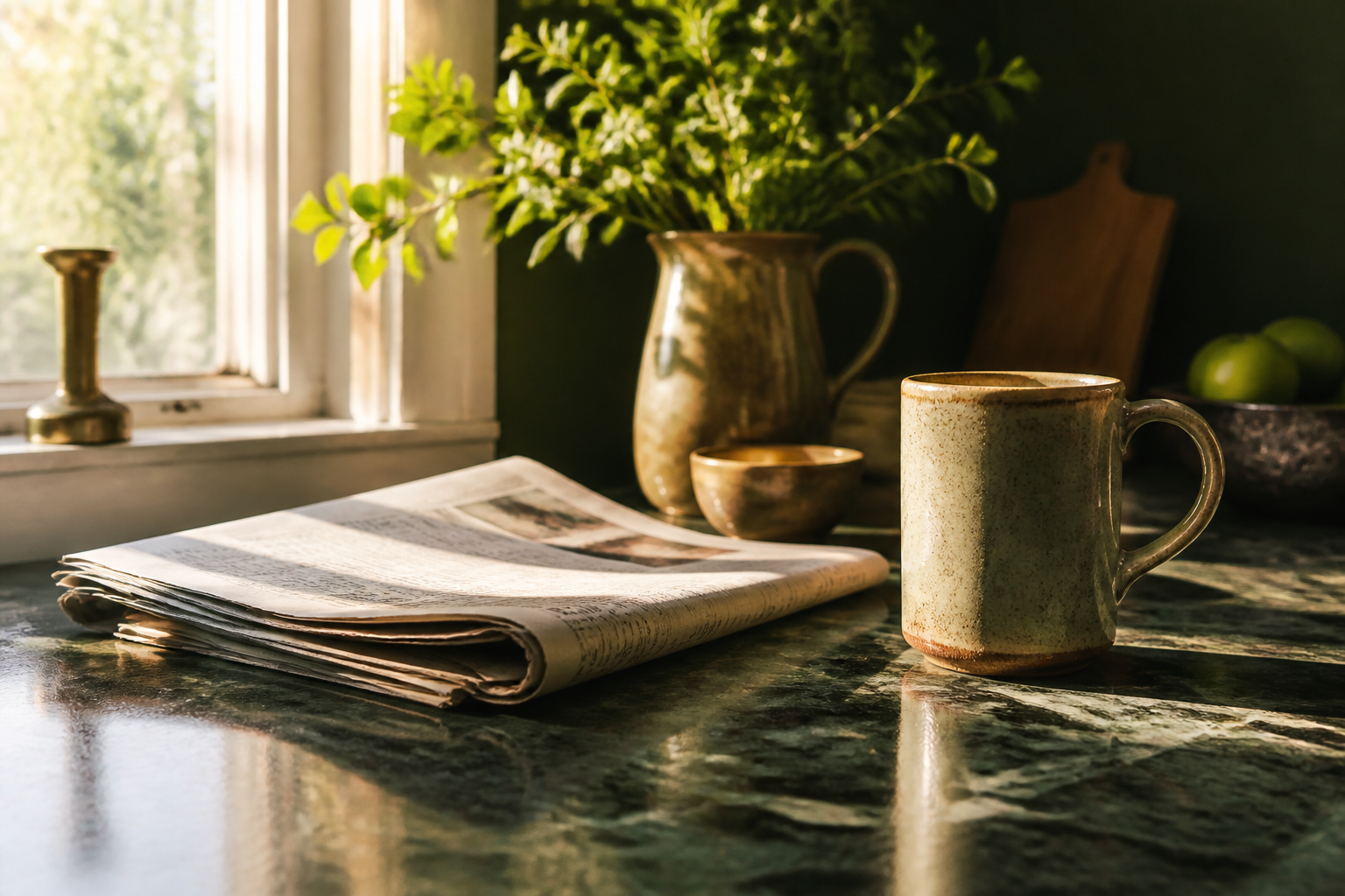 A morning kitchen table with a folded newspaper and a ceramic mug in window light.